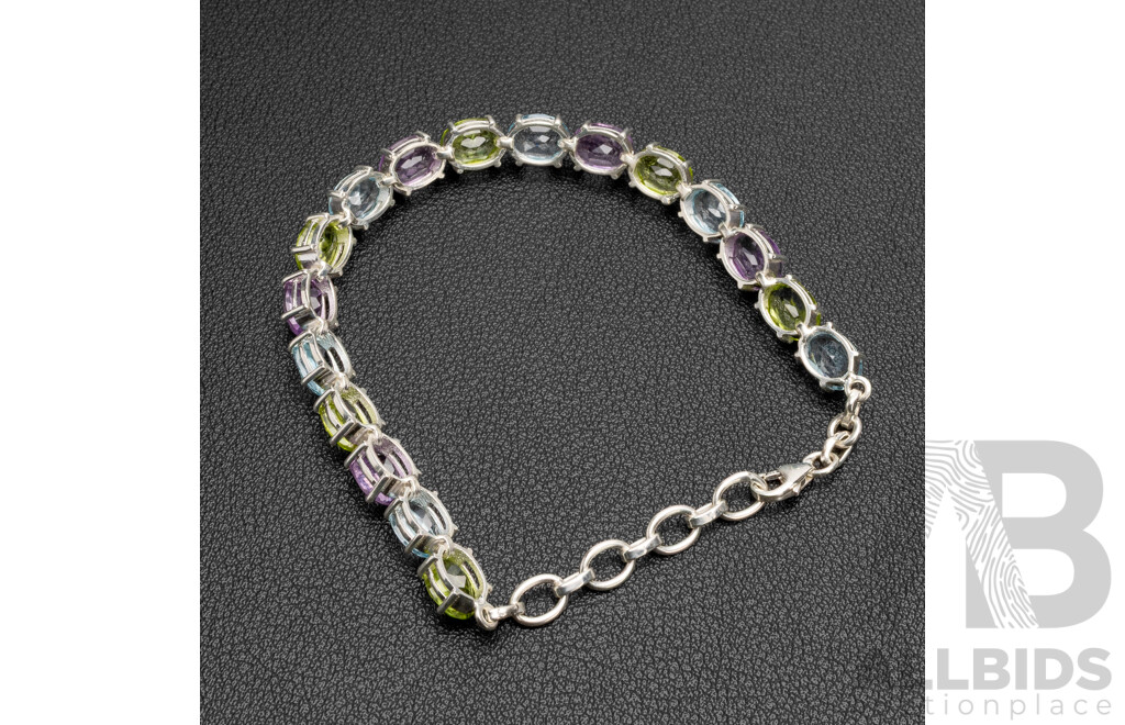 925 Sterling Silver Multi Coloured Gemstone Tennis Bracelet, Length - 20cms