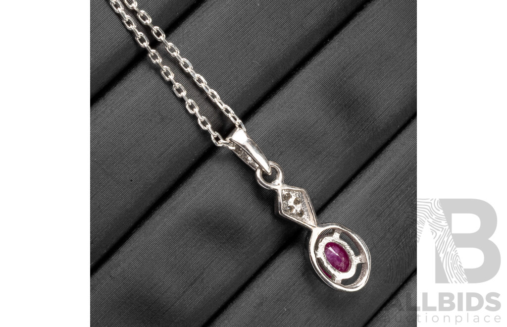 925 Sterling Silver Necklace & Pendant with Ruby & Diamonds. Length - 45.5cms
