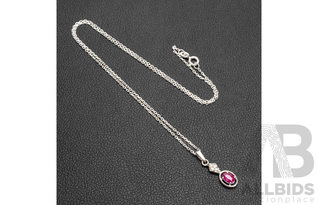 925 Sterling Silver Necklace & Pendant with Ruby & Diamonds. Length - 45.5cms