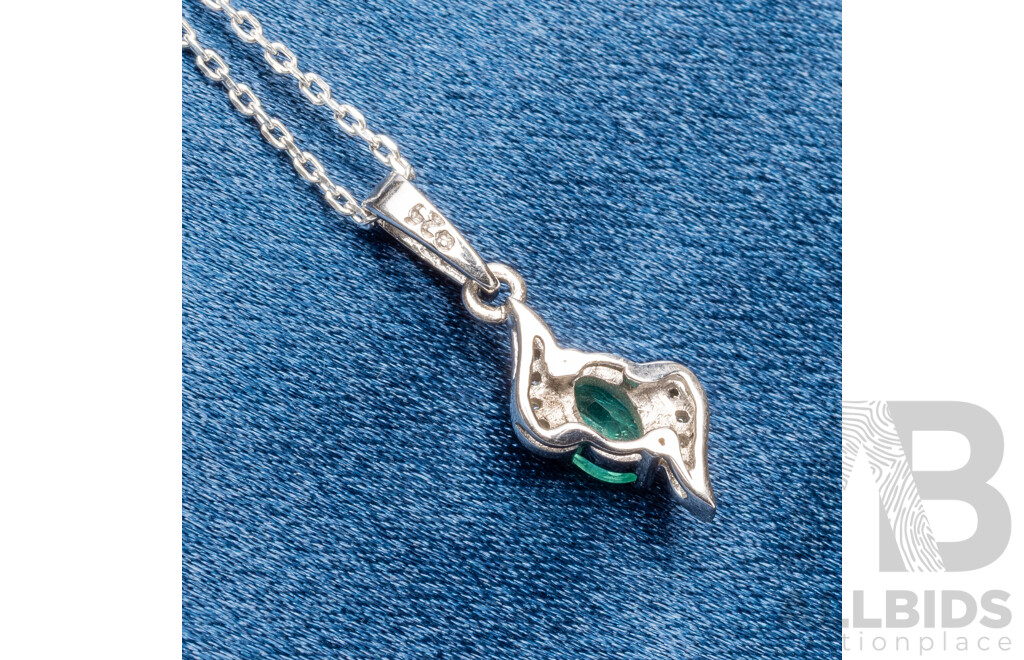 925 Sterling Silver, Emerald & Diamond Necklace, Length - 45.5cms