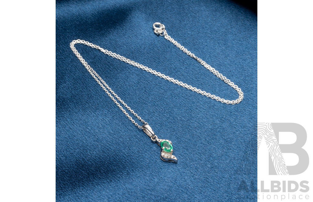 925 Sterling Silver, Emerald & Diamond Necklace, Length - 45.5cms