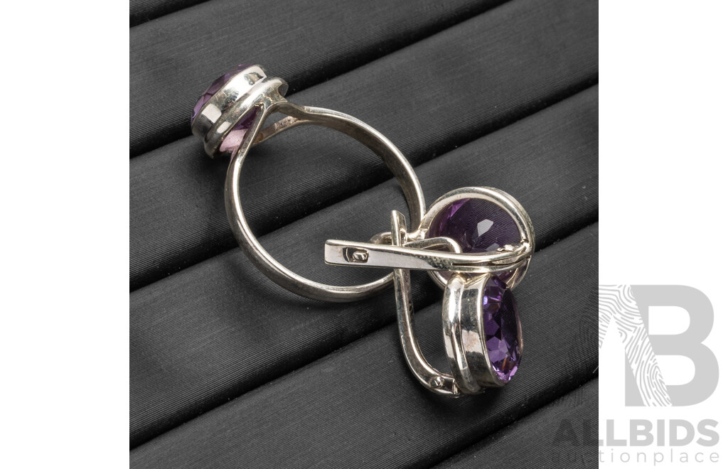 925 Sterling Silver & Amethyst Cocktail Ring & Matching Earrings Set - 7.43gms