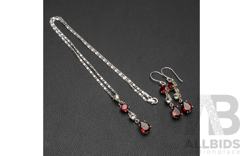 925 Sterling Silver, Garnet & White Topaz Fancy Necklace, Pendant & Earrings Set - 10.62gms