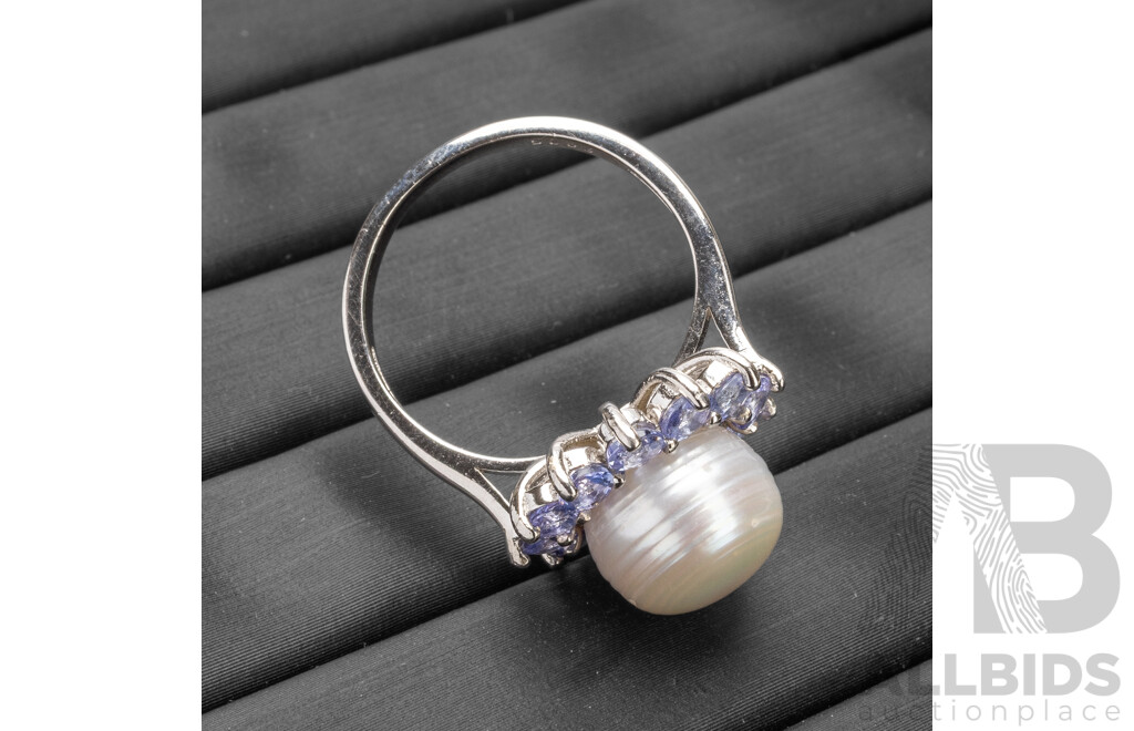 925 Sterling Silver Tanzanites & Pearl Dress Ring - Size N.5