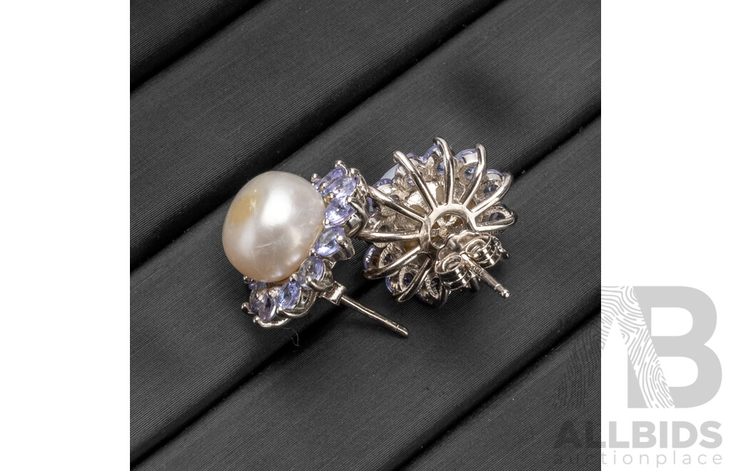 Pair of 925 Sterling Silver Tanzanite & Pearl Stud Earrings