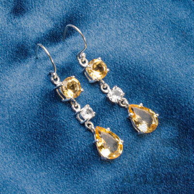 925 Sterling Silver Citrine & Topaz Drop Earrings - 5.78gms