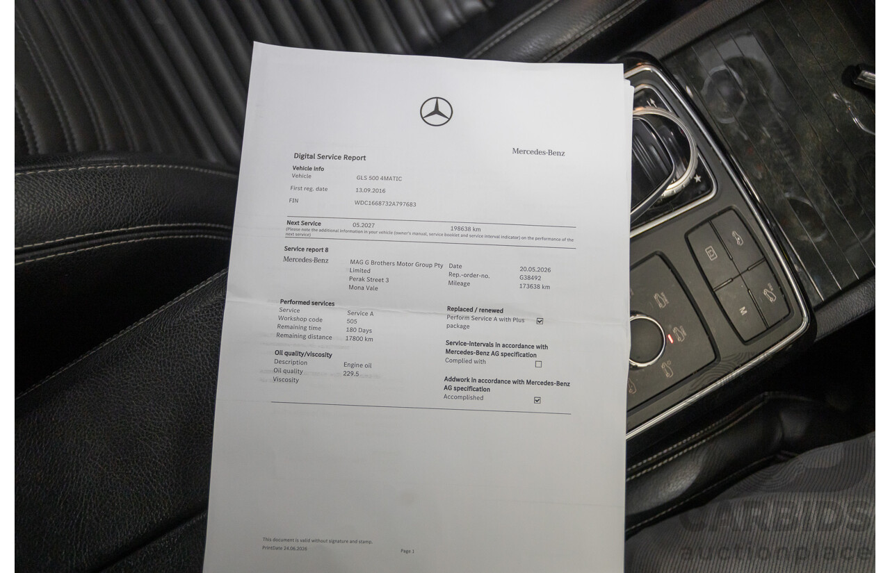 7/2016 Mercedes-Benz GLS500 4MATIC AMG Pack (AWD) X166 4d Wagon Designo Diamond White Metallic Twin Turbo V8 4.7L - 7 Seater