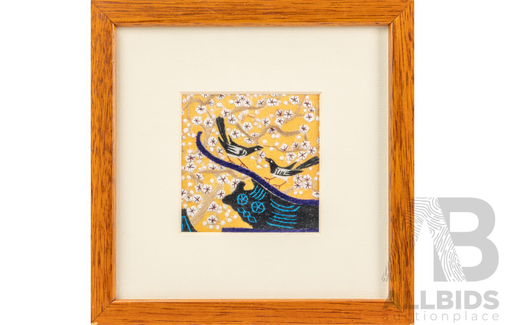Artist Unknown (20th Century), Magpies Conferring on Plum Blossom, Mixed Media Handmade Original Embroidery, 15H x 15W cm (frame)