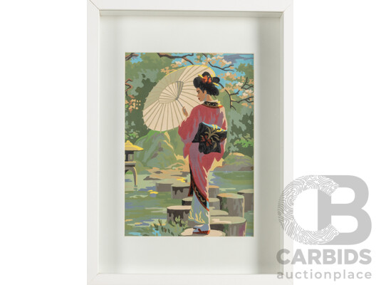 Artists Unknown (20th Century), Geishas with Parasols & Blooms I & II, Pair of Vintage Paint-by-Numbers (PBN) (c1960s), 44H x 32W cm (frames) (2)