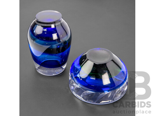 Vintage Blue Art Glass Somerso Vase with Matching Bowl