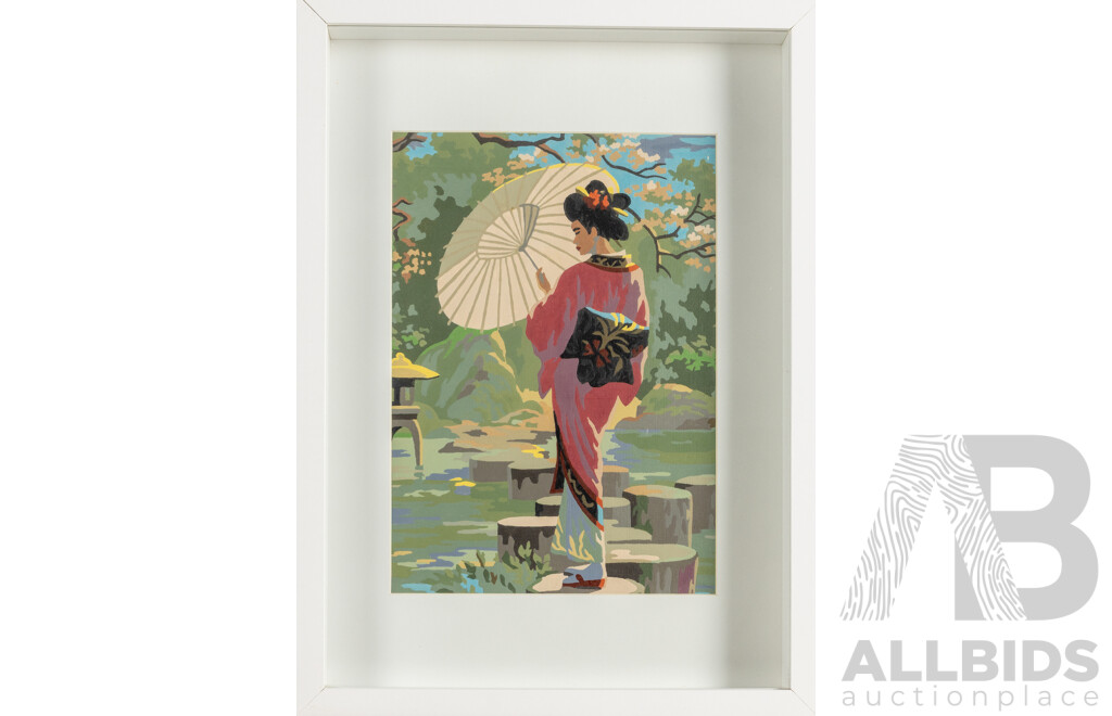 Artists Unknown (20th Century), Geishas with Parasols & Blooms I & II, Pair of Vintage Paint-by-Numbers (PBN) (c1960s), 44H x 32W cm (frames) (2)