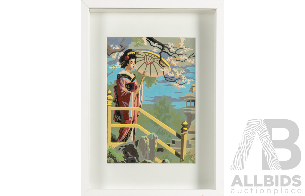 Artists Unknown (20th Century), Geishas with Parasols & Blooms I & II, Pair of Vintage Paint-by-Numbers (PBN) (c1960s), 44H x 32W cm (frames) (2)