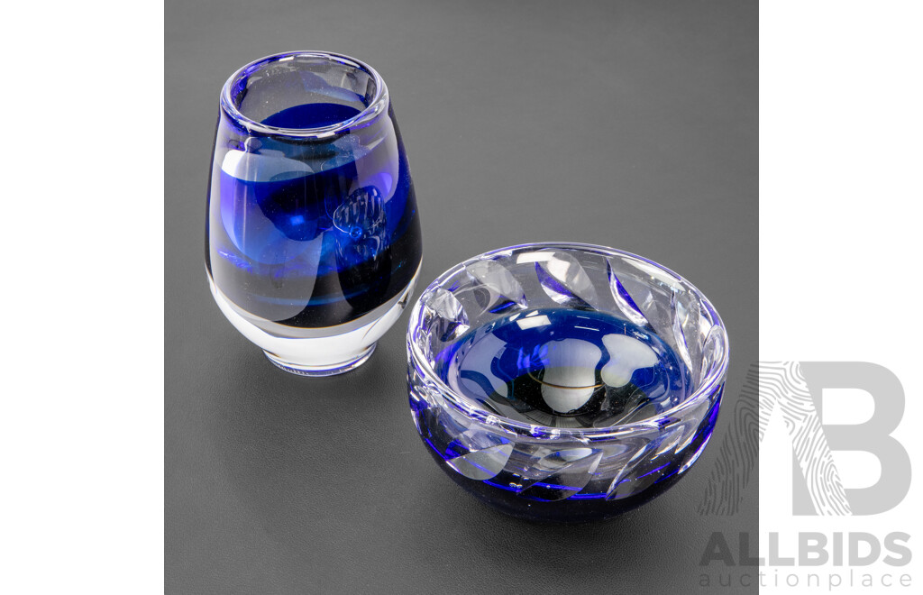 Vintage Blue Art Glass Somerso Vase with Matching Bowl