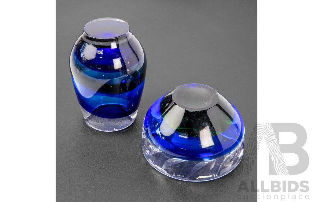 Vintage Blue Art Glass Somerso Vase with Matching Bowl