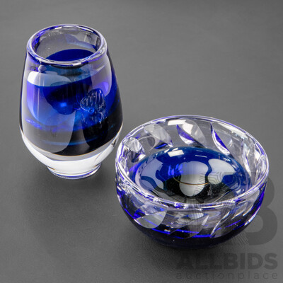 Vintage Blue Art Glass Somerso Vase with Matching Bowl