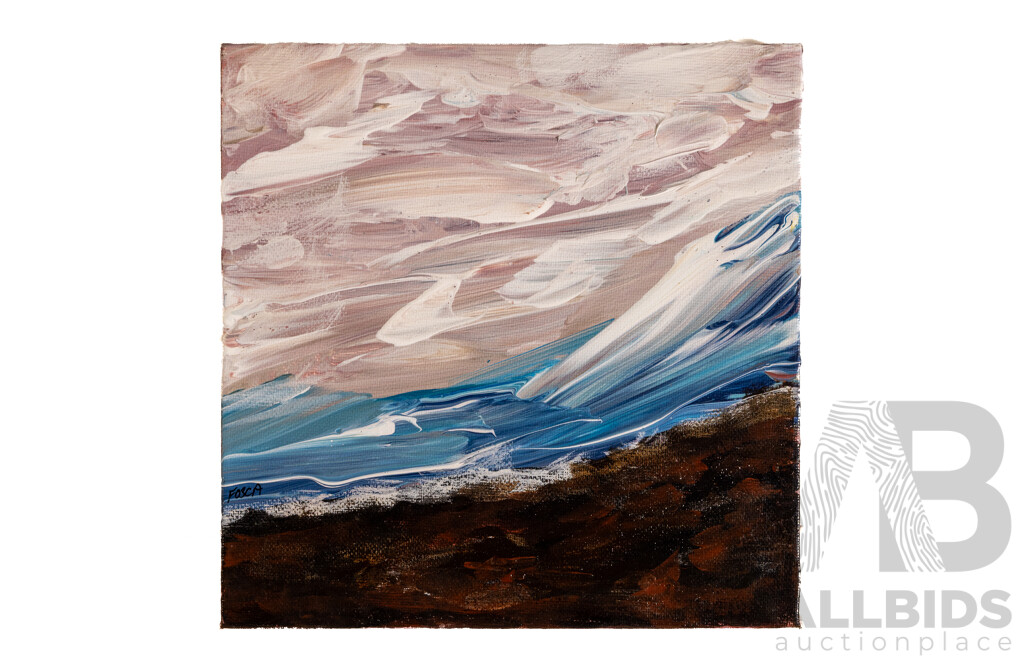 Fosca (20th Century, Australian), Stormy Coast (2026) & Ocean's Blue (2025), Original Pair of Acrylic on Canvases, 20H x 20W cm & 20H x 25W cm (2)