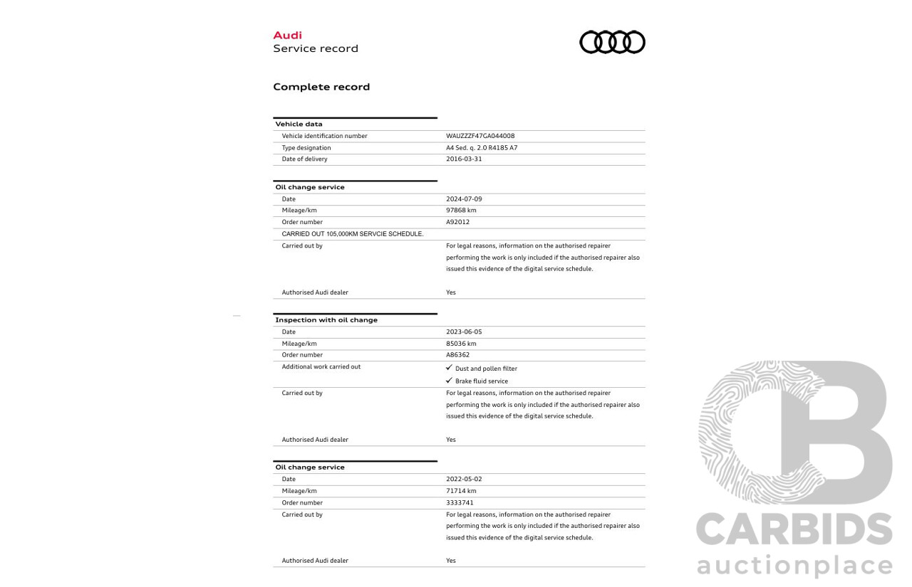 04/2016 Audi A4 2.0 TFSI Quattro S TRONIC SPT F4 (B9) 4D Sedan Moonshine Blue Metallic Turbo 2.0L