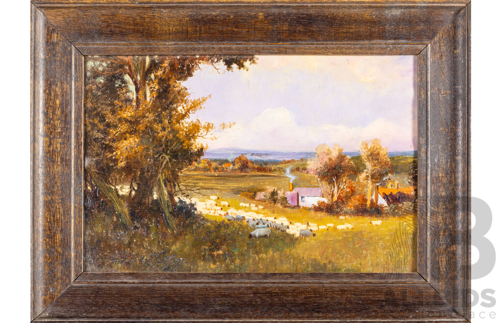 Artist Unknown (20th Century), Pastoral Scene - Sheep Grazing, Vintage Oil on Canvas, 41H x 56W cm (frame)