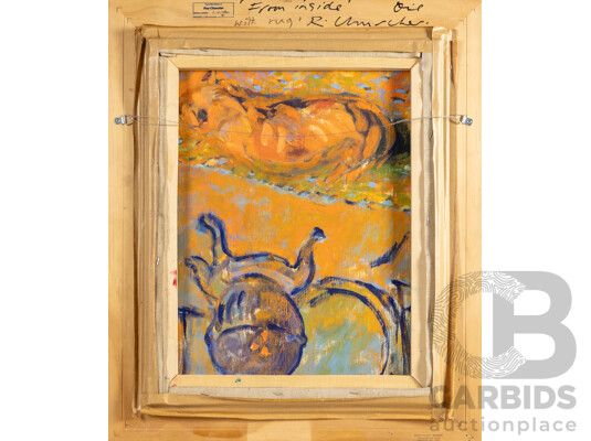 Roy Churcher (20th Century, British-Born Australian, 1933-2014), From Inside with Rug (2001), Wonderful Original Signed & Dated Oil on Linen, 63H x 53W cm (frame)