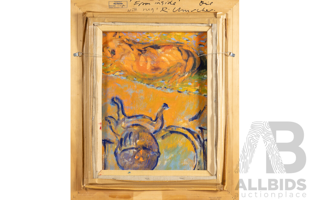 Roy Churcher (20th Century, British-Born Australian, 1933-2014), From Inside with Rug (2001), Wonderful Original Signed & Dated Oil on Linen, 63H x 53W cm (frame)