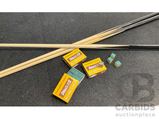 60' One Piece Cue (x25) and PIONEER Billiard Chalk (x144) - Lot of 169