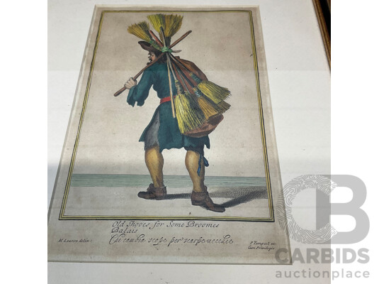 Two Vintage Prints, Cryes of London ''Saleswomen of Almanacks'' and ''Old Schooes Fro Some Broomes''