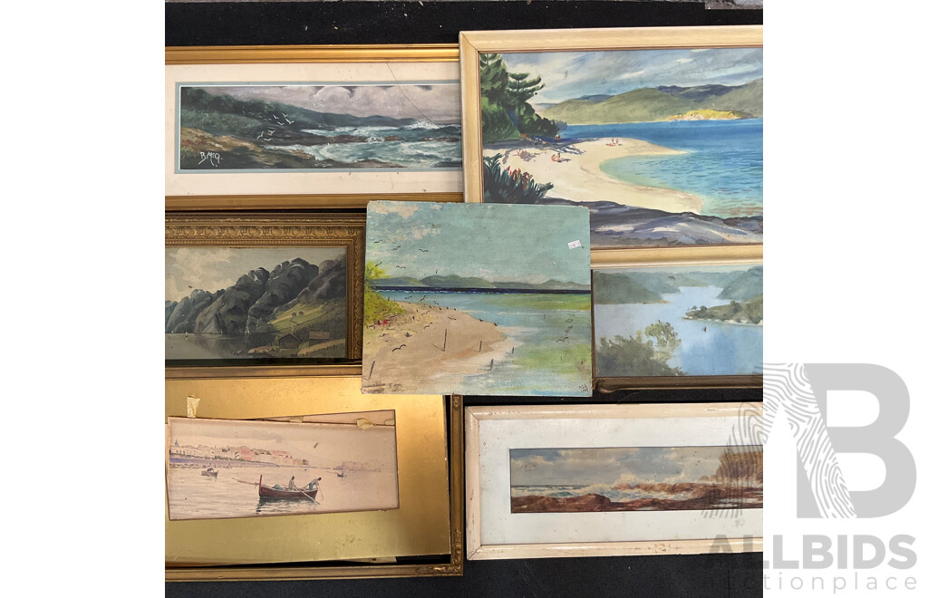 Variety of Vintage Coastal Landscape Paintings, Including M. Joensen, J. Koskie, V. Loria and Others - Lot of 7