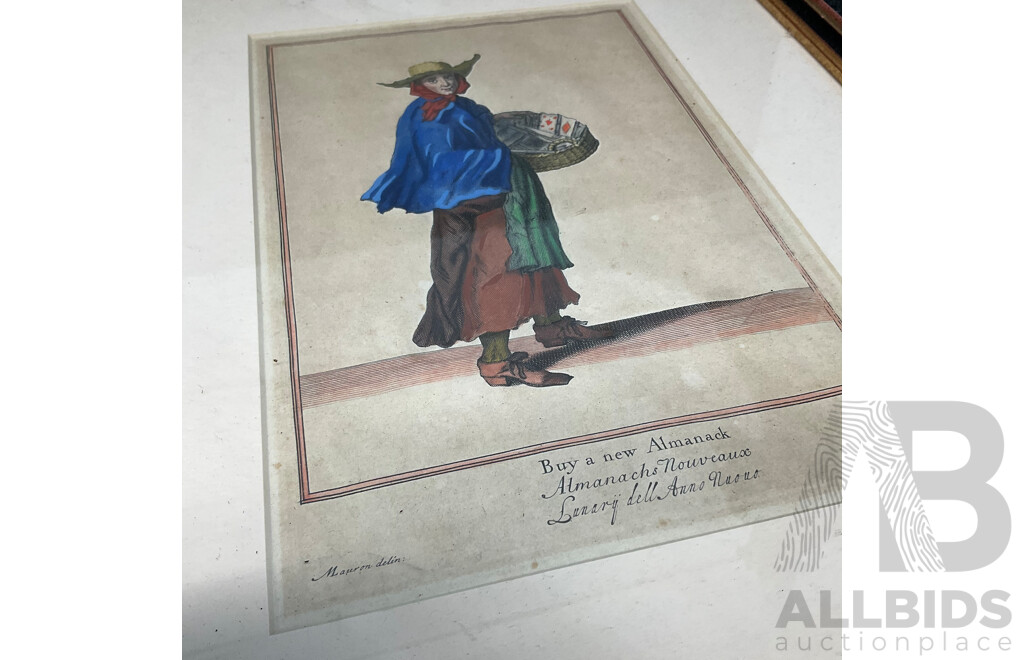 Two Vintage Prints, Cryes of London ''Saleswomen of Almanacks'' and ''Old Schooes Fro Some Broomes''