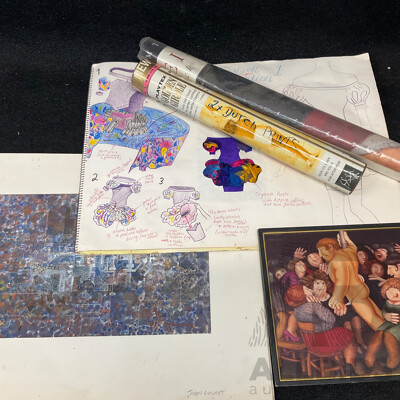 Collection of Assorted Painting, Prints and Sketchbooks, Including John Lovett Abstract Artwork - Lot of 5