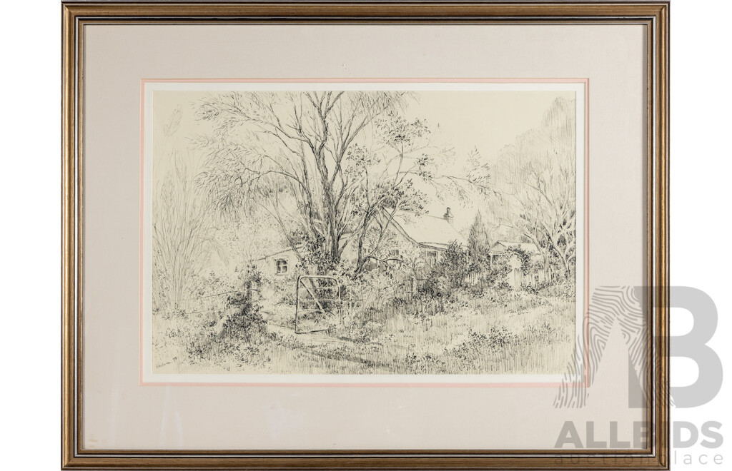 N. Anderson (20th Century), Rustic Sanctuary (1988), Original Pen Drawing, 58H x 76W cm (frame)