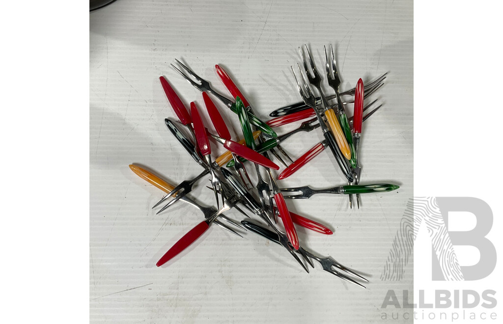 Collection of Glassware and Multi-Coloured Stainless Appetizer Forks