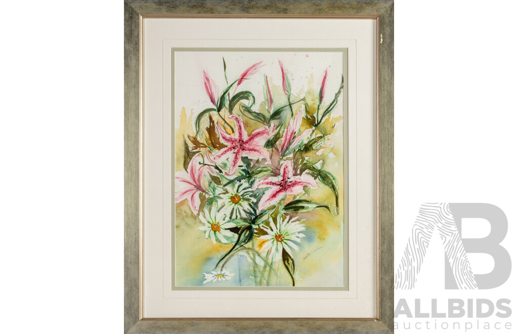 Heather Whalen (20th Century), Lilies & Daisies, Original Watercolour, 64H x 52W cm (frame)