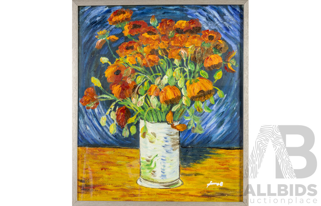 Signed Indistinctly, (20th Century), Poppies in Vase [Van Gogh Redux], Original Oil on Canvas, 63H x 54W cm (frame)