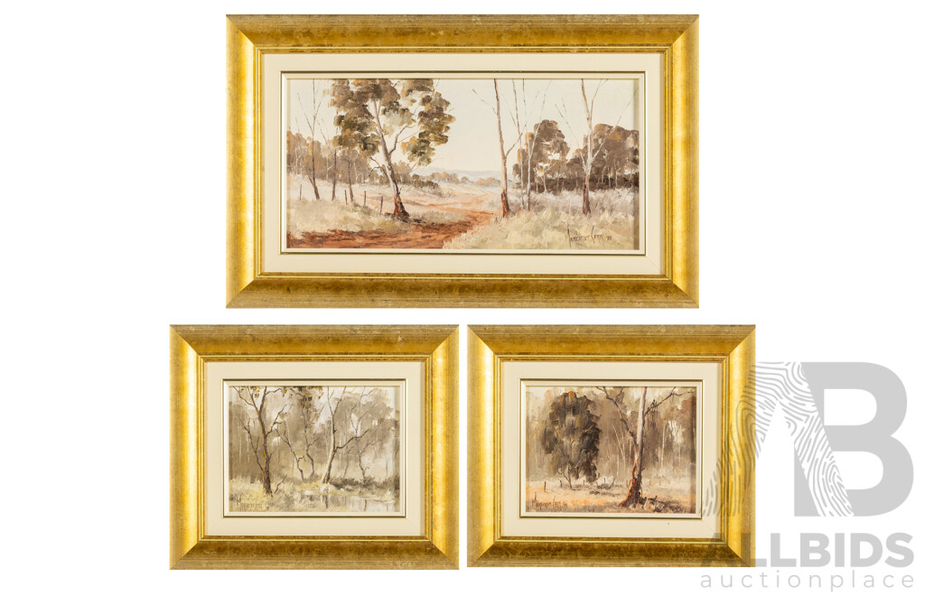 Margaret Carr (20th Century, Australian), Study for Wee Jasper Creek, Bush Landscape & Road Near Canberra (1978), Trio of Original Vintage Oils on Canvas, 33H x 53W cm (frame largest) (3)