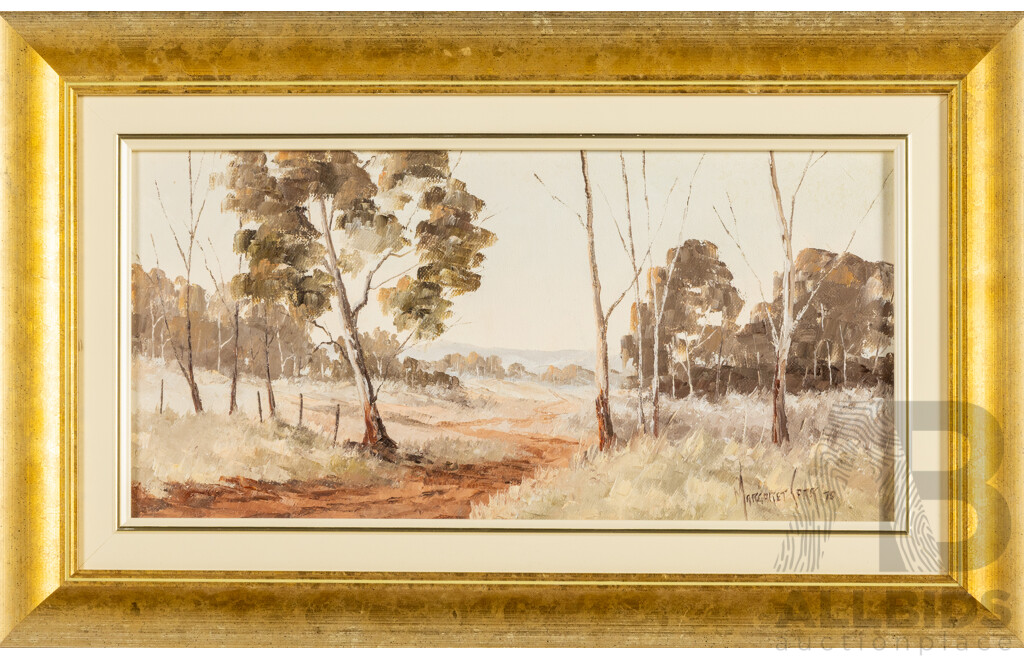 Margaret Carr (20th Century, Australian), Study for Wee Jasper Creek, Bush Landscape & Road Near Canberra (1978), Trio of Original Vintage Oils on Canvas, 33H x 53W cm (frame largest) (3)