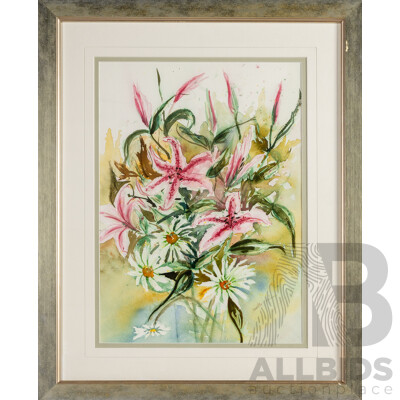 Heather Whalen (20th Century), Lilies & Daisies, Original Watercolour, 64H x 52W cm (frame)