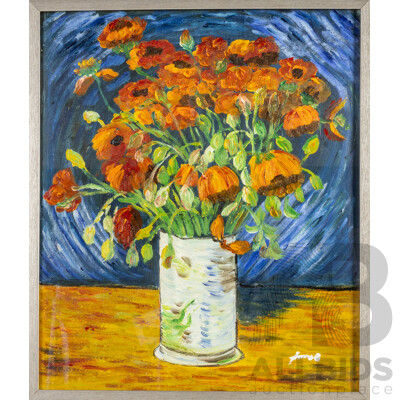 Signed Indistinctly, (20th Century), Poppies in Vase [Van Gogh Redux], Original Oil on Canvas, 63H x 54W cm (frame)