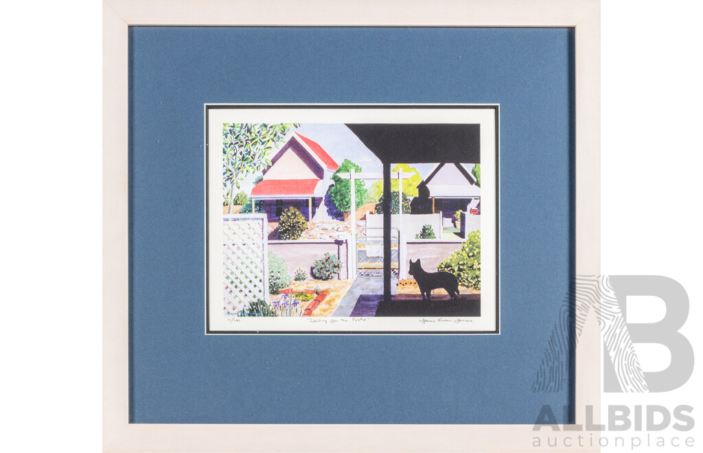 James Evan Jones (20th Century, Australian, 1948-), Waiting for the Postie (2001), Limited Editioned & Signed Giclee Print, 46H X 51W Cm (frame)