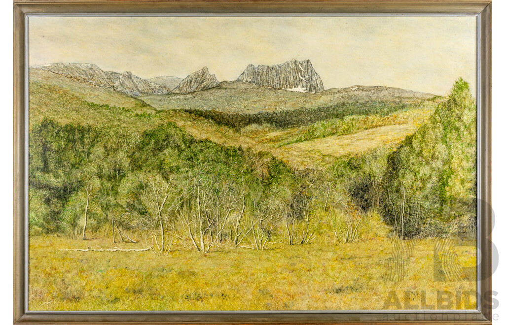 Geoff Ryan (20th Century, Australian, 1944-), Cradle Mountain From Above Pencil Pine (1978), Original Oil on Canvas, 86H x 127W cm (frame)