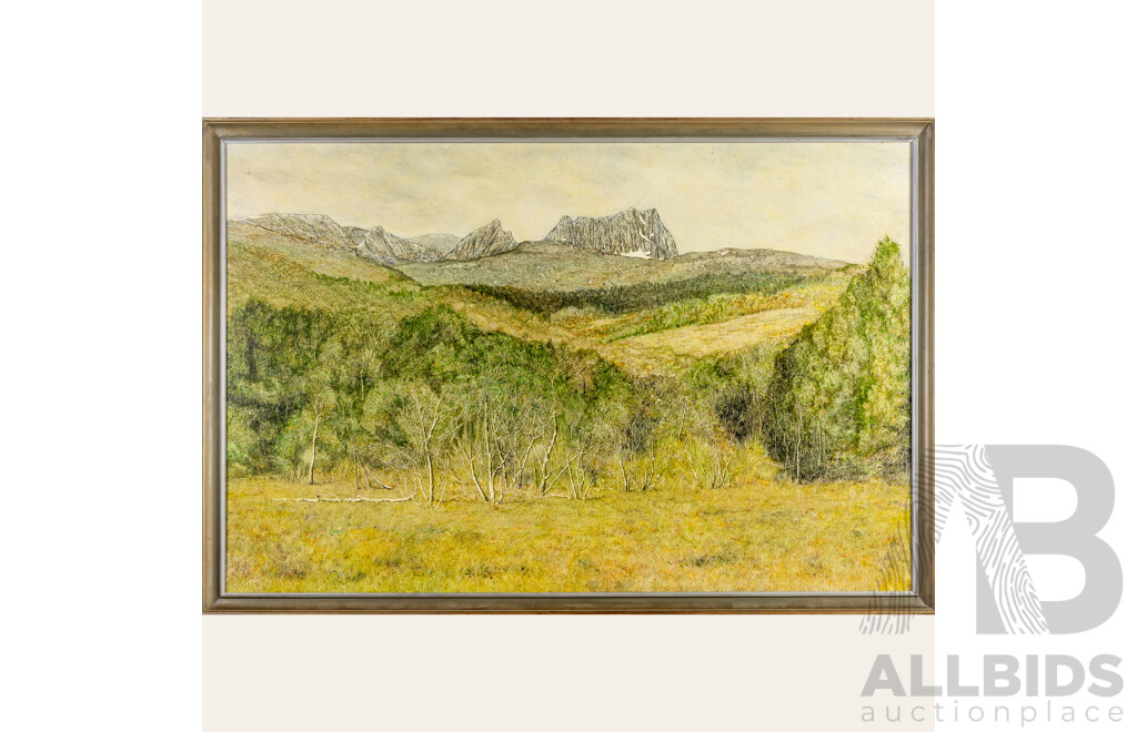 Geoff Ryan (20th Century, Australian, 1944-), Cradle Mountain From Above Pencil Pine (1978), Original Oil on Canvas, 86H x 127W cm (frame)