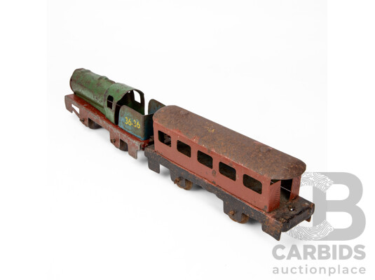 Pressed Steel 1940's Boomaroo Steam Locomotive 36-36 and Passenger Carriage, Made in Australia