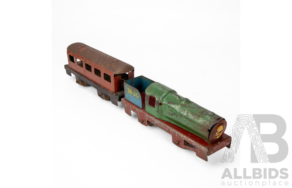 Vintage Pressed Steel Boomaroo Steam Locomotive 36-36 and Passenger Carriage