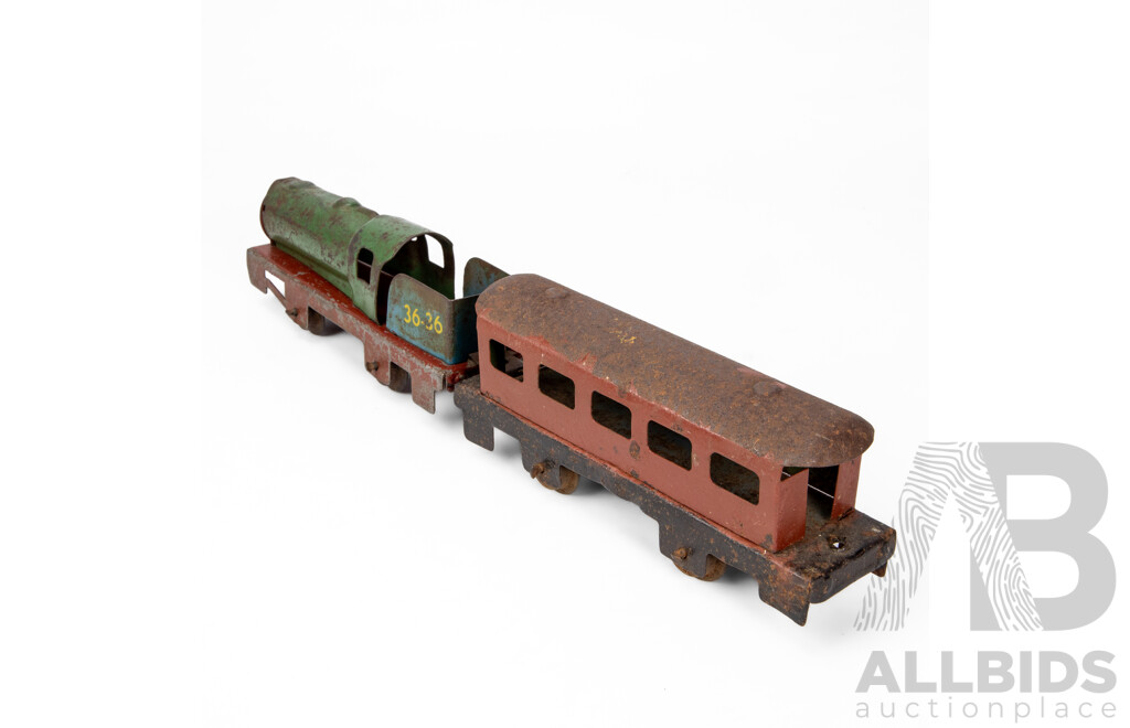 Vintage Pressed Steel Boomaroo Steam Locomotive 36-36 and Passenger Carriage