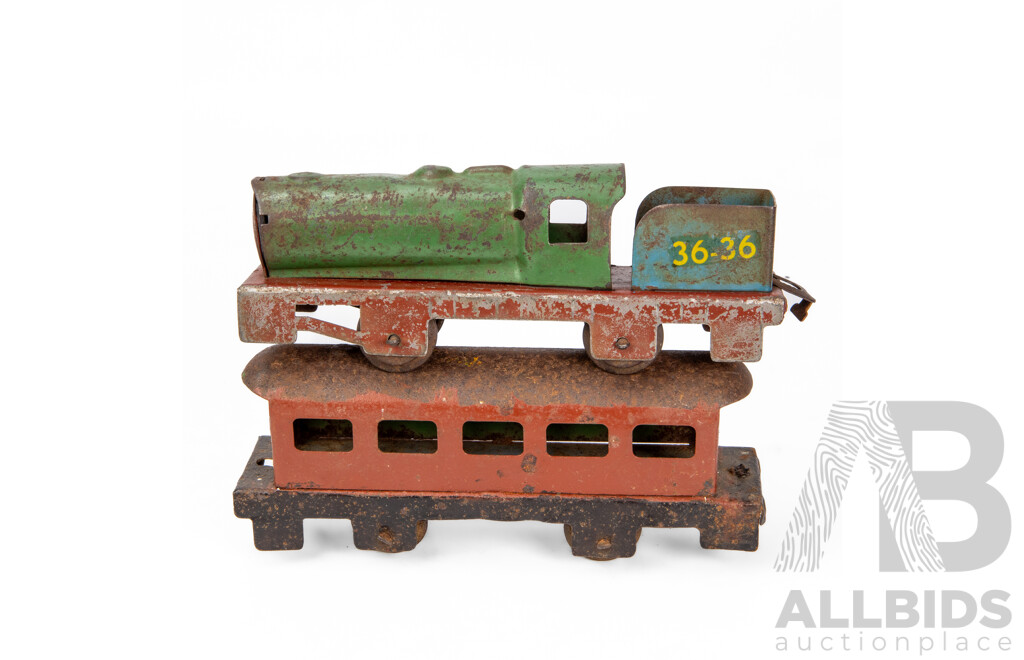 Vintage Pressed Steel Boomaroo Steam Locomotive 36-36 and Passenger Carriage