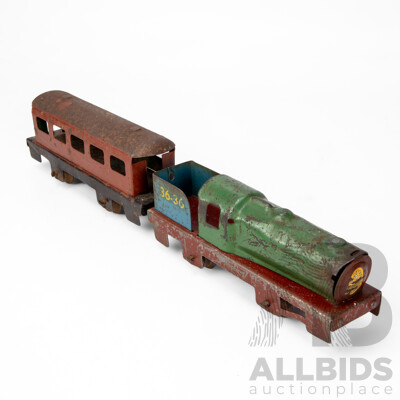 Vintage Pressed Steel Boomaroo Steam Locomotive 36-36 and Passenger Carriage
