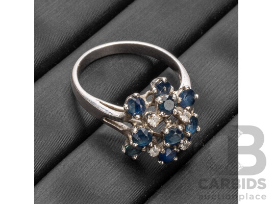 925 Sterling Silver Sapphire & Quartz Cluster Ring - Size L.5