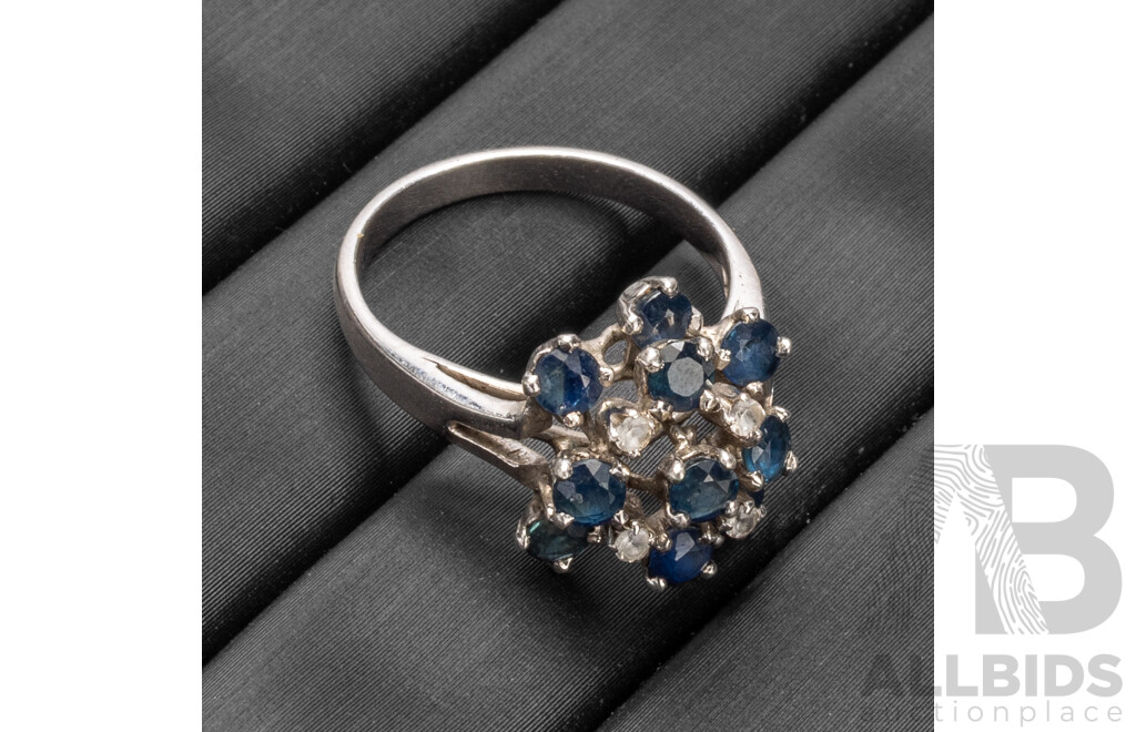 925 Sterling Silver Sapphire & Quartz Cluster Ring - Size L.5