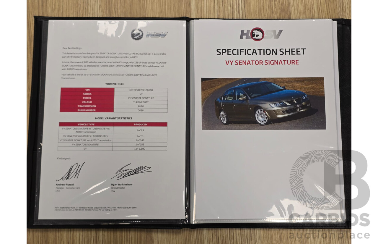 04/2003 Holden Special Vehicles (HSV) VY Senator Signature No.96 4d Sedan Turbine Grey Metallic V8 5.7L