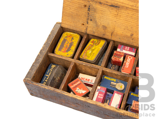 Vintage Fitted Lidded Vacuum Oils Box with Collection of Early Light Bulbs and Spark Plugs