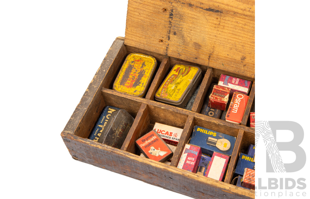 Vintage Fitted Lidded Vacuum Oils Box with Collection of Early Light Bulbs and Spark Plugs